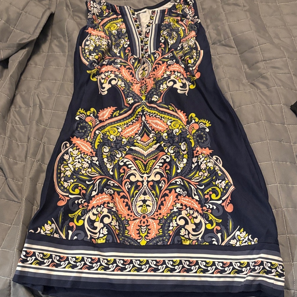 New York & Company Navy Sleeveless Dress with Paisley Print